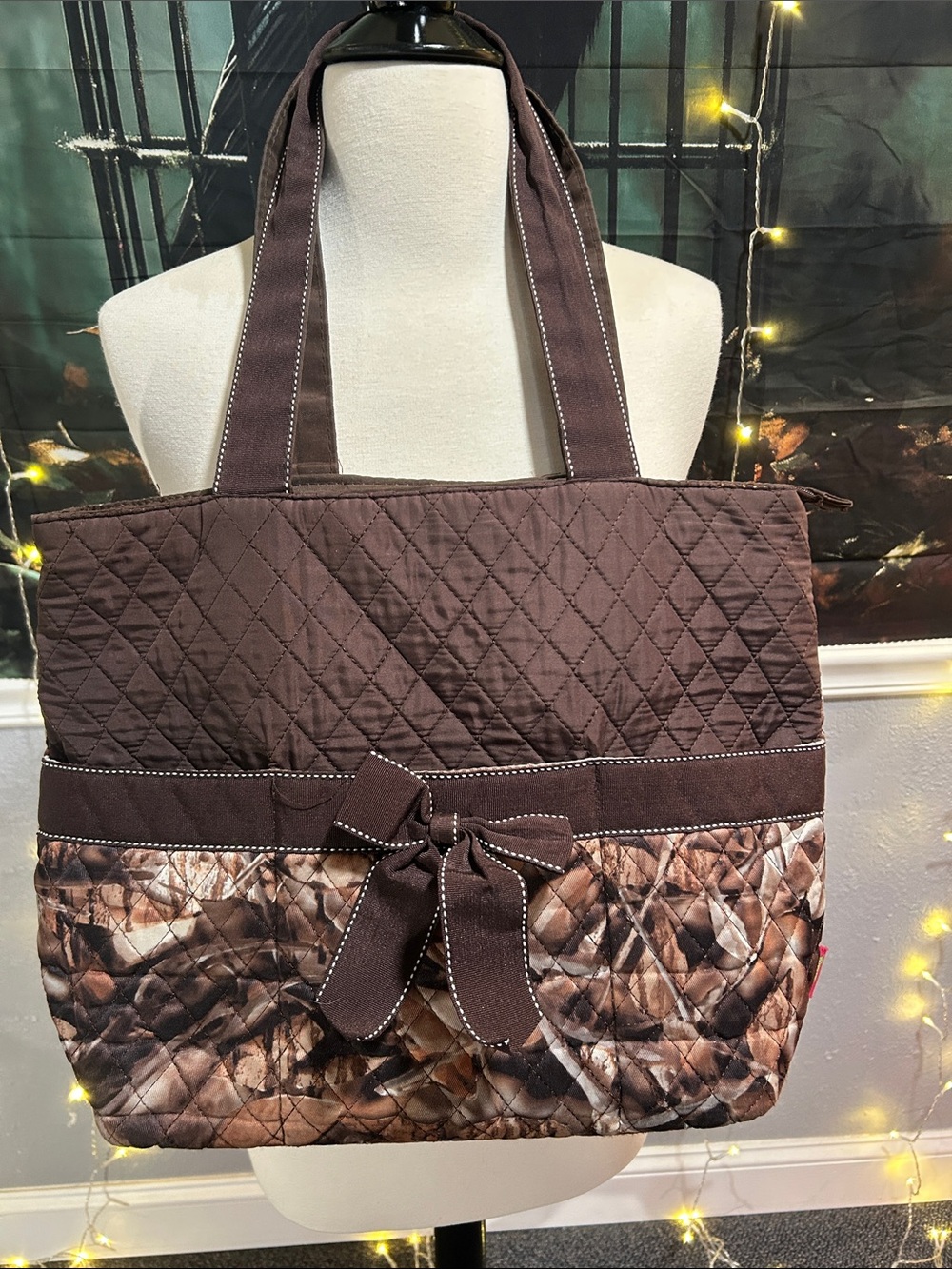 Quilted Brown Tote Bag with Bow Accent - Women Bags